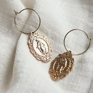Gold Virgin Mary Religious Dangle Earrings